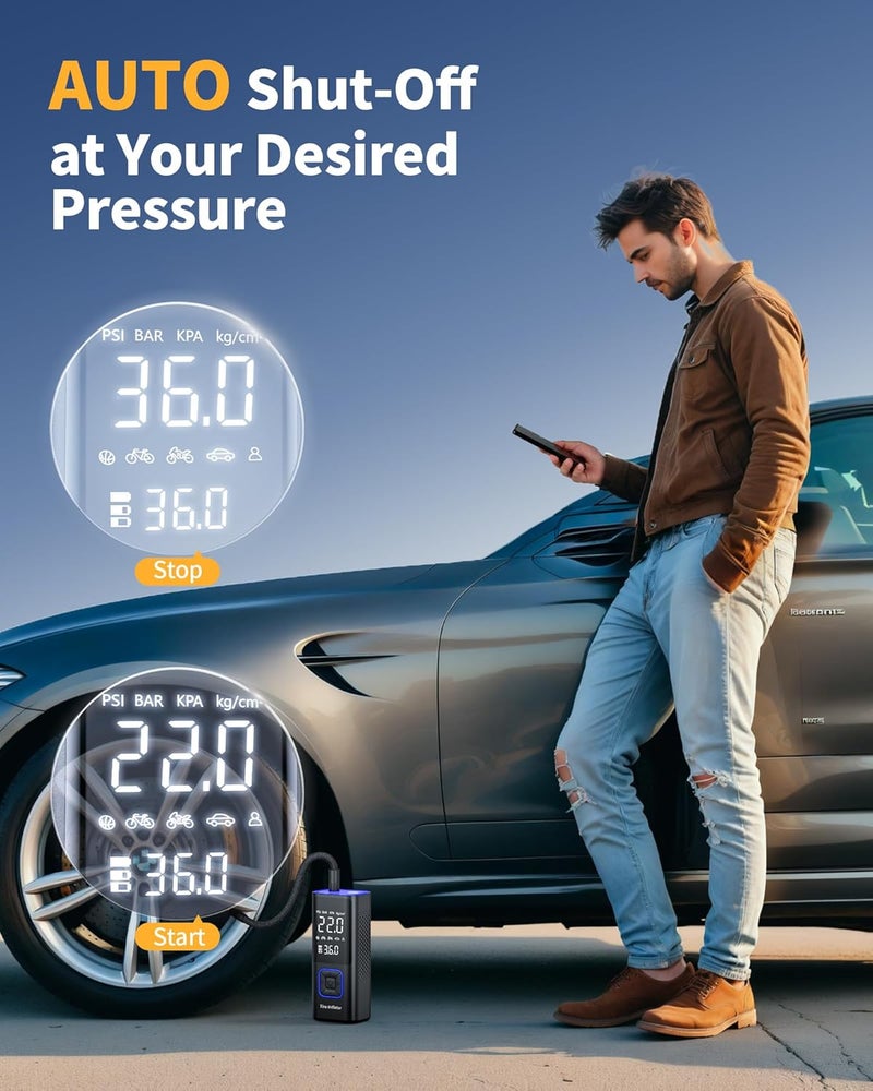 Powools Cordless Tire Inflator Portable Air Compressor - 150PSI Air Pump with Auto Shutoff Function for Car Tires, Inflatables, Motorcycle, Balls, Compact Bike Tire Pump with LED Light, Blue, Large - Image 5